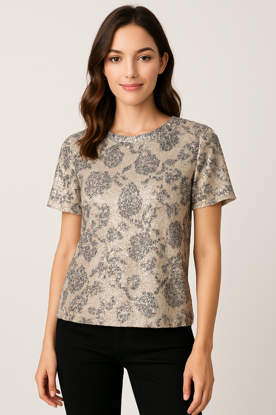 Cynthia Rowley Sequin Floral Top XS Beige Silver Short Sleeve Fully Lined Blouse